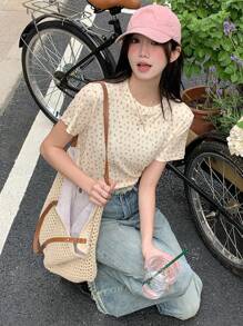 DAZY Áo thun nữ tay ngắn cổ tròn dáng rộng họa tiết hoa mùa hè - Nhiều màu - Xem 6