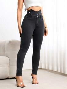 SHEIN LUNE Women's Simple Front Button Pocket Jeans, Casual Daily Wear - Black - View 4