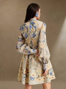 Anewsta 春夏新款女式花卉印花泡泡袖立领短袖波西米亚风花卉连衣裙 - 彩色 - 查看 2