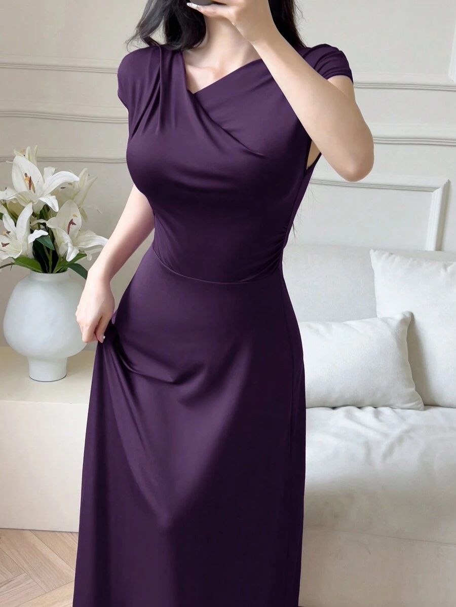 Modelyn 女士纯色短袖休闲修身优雅长款紫色连衣裙长款晚礼服