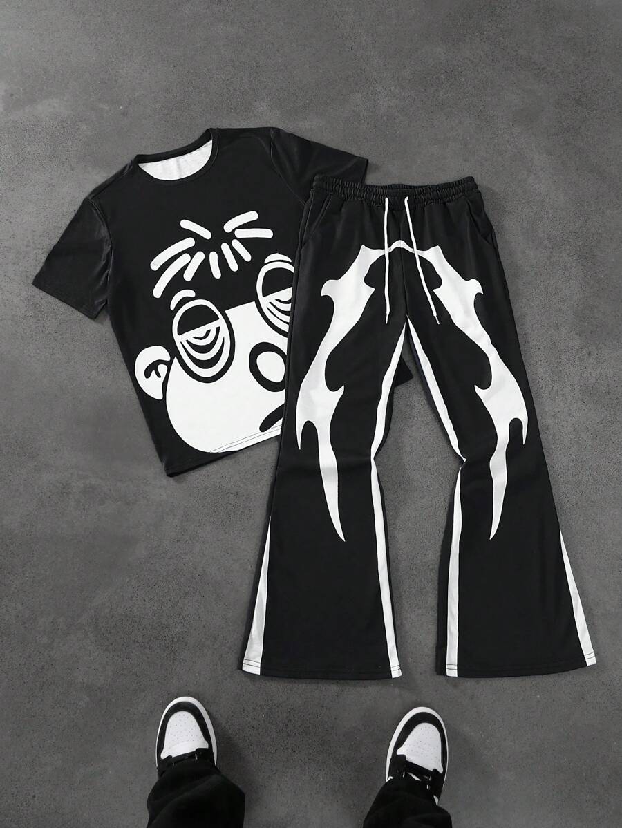 Manfinity EMRG 2pcs Men's Cartoon Character Print Short Sleeve T-Shirt And Drawstring Waist Pants Set - Black - View 1
