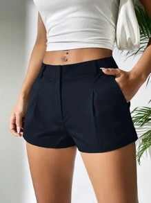 SHEIN EZwear Short casual ample plissé de couleur unie pour femme - Bleu marine - Voir 3