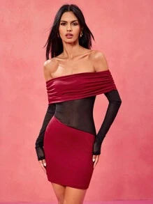 AROSE Designer Color Block Red Off Shoulder Black Sheer Mesh Long Sleeves Sexy Women Mini Dress, Valentine's Day, Spring & Summer, Festival, Concert Outfit, Rave Outfits Festival, Prom Dress