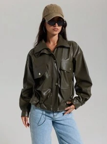 EURMUSE PU Leather Stylish Hidden-Fly Detailed Women's Jacket - Khaki - View 6