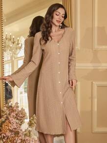 女士 V 领开衫单排扣收腰中长睡袍 - 卡其色 - 查看 4
