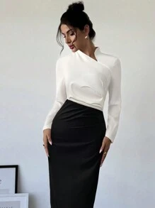 Firerie Đầm dài tay thanh lịch, cổ xéo lệch màu đen trắng cho nữ, Đầm đen trắng, Đầm dài màu sắc đối lập, Đầm dài tay, Đầm dài mùa xuân, thu đông, Quần áo đi làm/Thanh lịch/Trang phục giáo viên/Quần áo làm việc - Đen và trắng - Xem 1