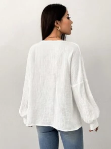 SHEIN Unity Lässiges, weites Hemd mit Laternenärmeln, minimalistischer Stil für den Herbst - Weiss - Übersicht 2