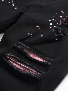 Manfinity EZcore Plus Size Men's Front Button Pocket Distressed Minimalist Casual Black Jeans - Black - View 4