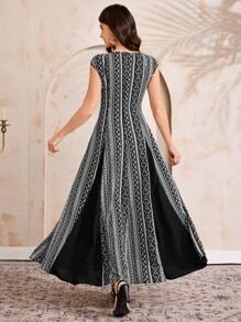 Al Najma Women's Geometric Print Square Neck Dolman Sleeve Elegant Arabic Style Dress, Arabian Dresses