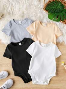 SHEIN 4pcs Baby Boy/Girl Knitted Soft Crew Neck Short Sleeve Bodysuit Sets