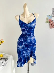 Soleia Women's Vacation Tie Dye Blue Floral Print Surplice Neck Backless Cross Tie Waist Ruched Asymmetric Hem Ruffle Hem Dress, Party, Date, Valentine's Day, City Street, Wear As Outerwear & Innerwear