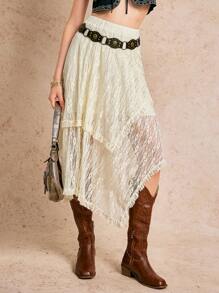 Poéselle 波西米亚风格杏色不对称下摆女裙，夏季度假裙，超长度假海滩裙，波西米亚风，西部风，纳什维尔音乐会服装 - 杏色 - 查看 5