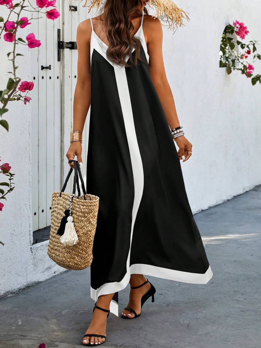 SHEIN PETITE Women Black & Apricot Contrast Color Spaghetti Strap Woven Dress - Black - View 1