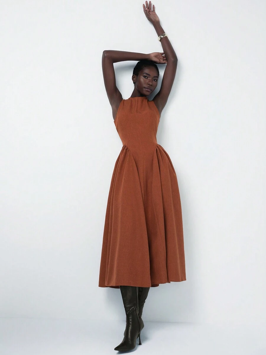 Aveloria Modichic 法式优雅通勤简约百搭女士褶皱腰连衣裙 - 鏽棕色 - 查看 1