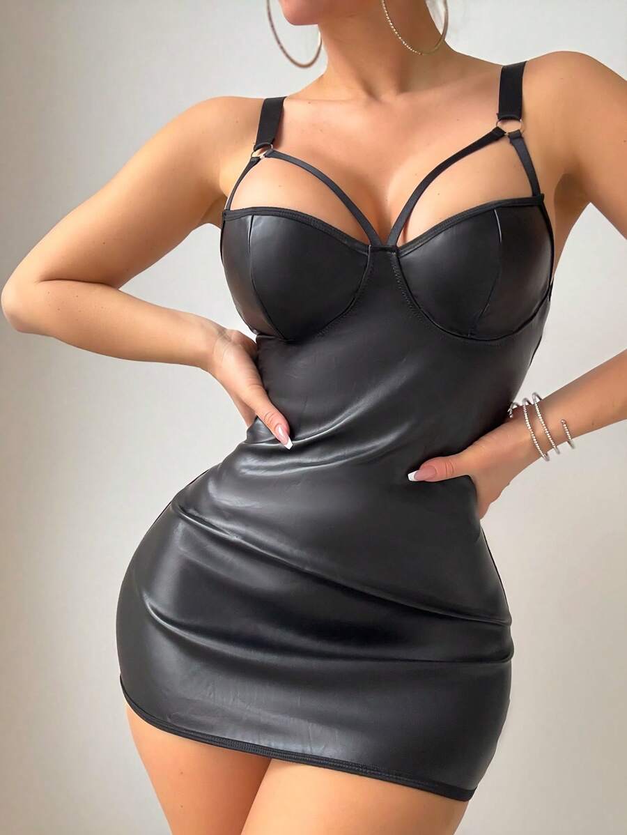 SHEIN 2pcs/Set Women Sexy PU Lacing Back Nightgown For Going Out - Black - View 1