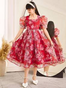 SHEIN Tween Girls' Fitted Floral Pattern Elegant Ruffle Neck Puff Sleeve Red Dress - Red - View 3