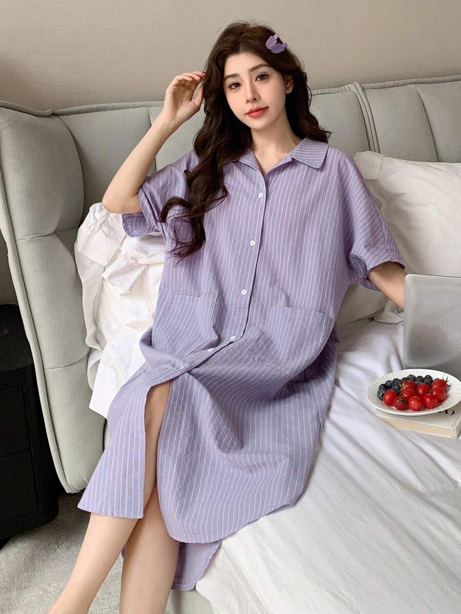 DAZY Women's Front Button Pocket Striped Loose Short Sleeve Robe,Back To School Clothes Pajama - Purple - View 1