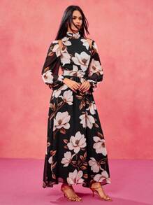 Oxana Vestito lungo elegante con maniche a lanterna, collo a lupetto, stampa floreale bohémien nera in chiffon, adatto per vacanze, primavera, matrimoni, festival, concerti, Ibiza e balli - Multicolore - Visualizzare 4