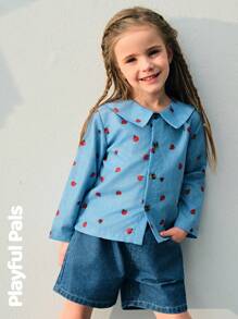 SHEIN 2pcs/Set Young Girls Fun All-Over Ladybug Print Polo Collar Top And Elastic Waist Soft Washed Vintage Blue Denim Shorts Set - Multicolor - View 1