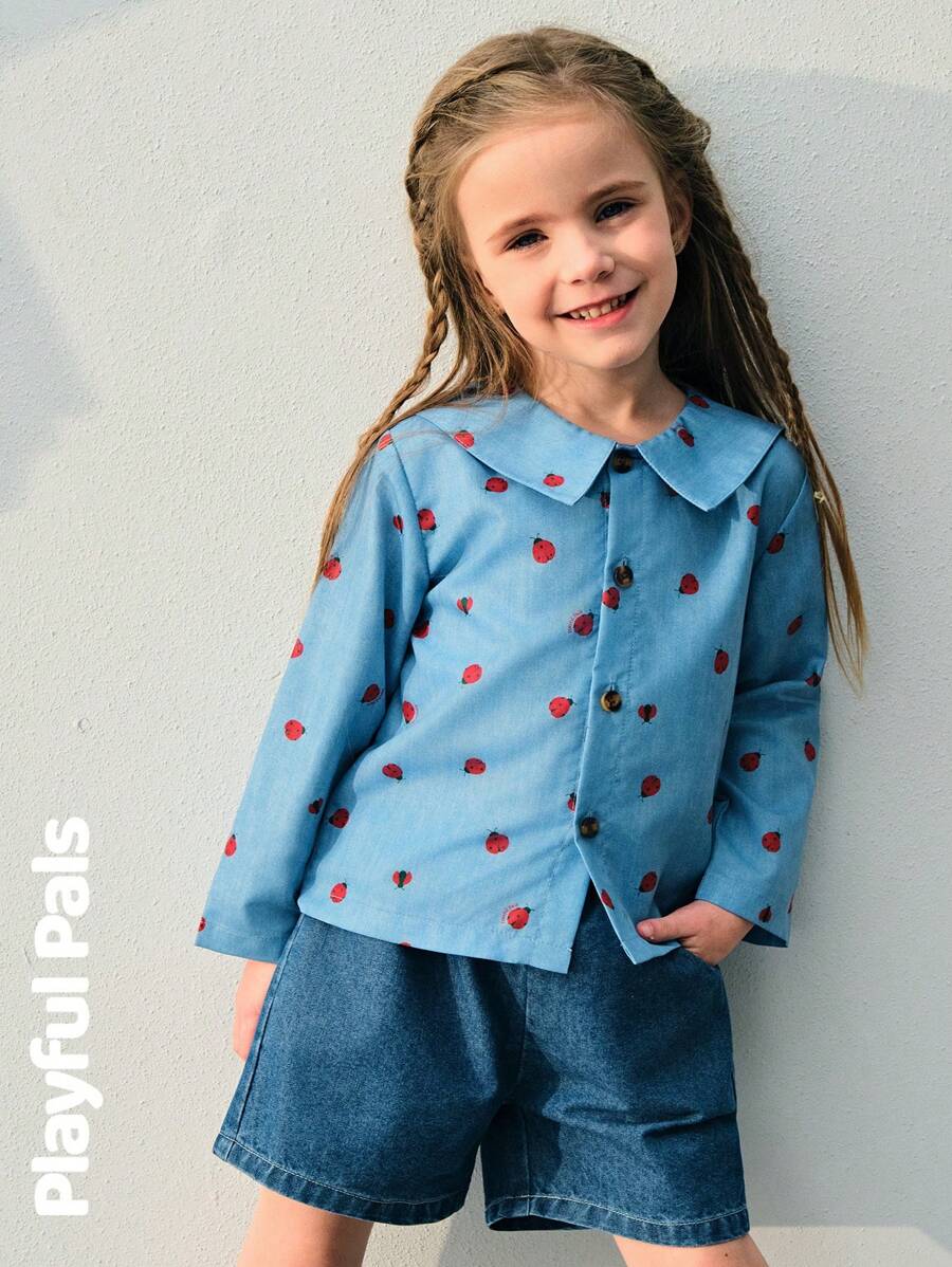 SHEIN 2pcs/Set Young Girls Fun All-Over Ladybug Print Polo Collar Top And Elastic Waist Soft Washed Vintage Blue Denim Shorts Set - Multicolor - View 1