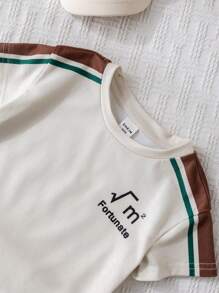 SHEIN Leap Crew Baby Boys Letter & Striped Pattern Crew Neck Raglan Sweatshirt And Elastic Waist Shorts 2 Pieces Outfit Set - Khaki - View 6