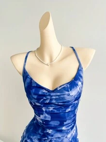 Soleia Women's Vacation Tie Dye Blue Floral Print Surplice Neck Backless Cross Tie Waist Ruched Asymmetric Hem Ruffle Hem Dress, Party, Date, Valentine's Day, City Street, Wear As Outerwear & Innerwear