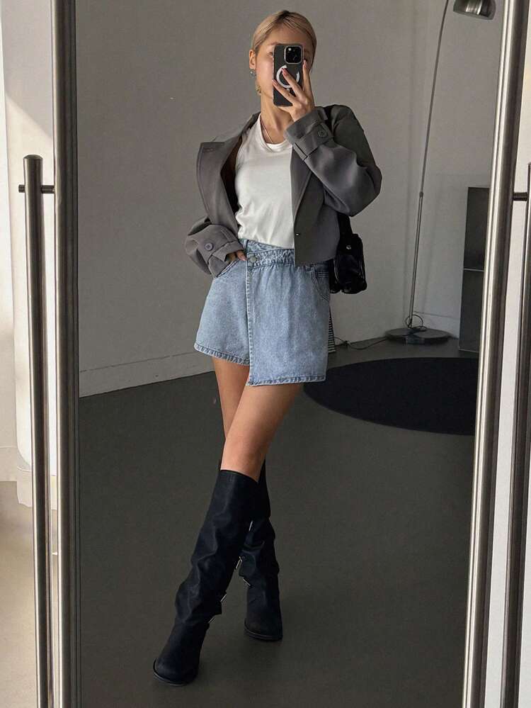 Women's Asymmetric Hem Denim Skirt Shorts With Pockets,Skorts Jorts
