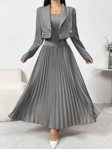 Modelyn 2 件套女士纯色长袖简约衬衫和连衣裙 2 件套 - 灰色 - 查看 4
