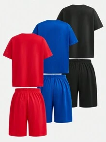 SHEIN 6件/套兒童青少年男孩數字圖案寬鬆版型T恤短褲兩件套，紅黑配色，夏季街頭風運動休閒校園穿搭 - 彩色 - 查看 4