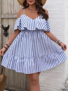 SHEIN VCAY Plus Size Boho Cold Shoulder Short Sleeve Striped Dress, For Summer - Multicolor - View 5