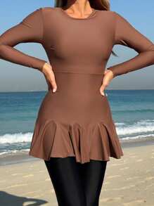 Swim Mulvari Summer Ladies Conservative Solid Color Round Neck Ruffle Trim Long Sleeve T-Shirt And Black Long Pants Swimwear Set - Brown - View 1
