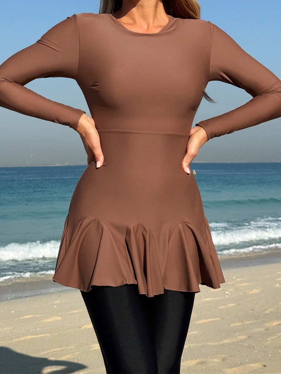 Swim Mulvari Summer Ladies Conservative Solid Color Round Neck Ruffle Trim Long Sleeve T-Shirt And Black Long Pants Swimwear Set - Brown - View 1