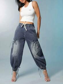 Denimoi Fashion Bleashed Adjustable Drawstring Cargo Jeans - Medium Wash - View 6