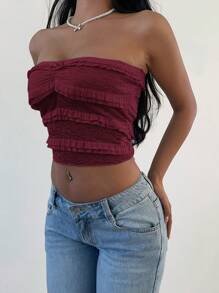 Aloruh Áo crop top ren nơ xếp nếp màu trơn lãng mạn thanh lịch mới cho nữ - Màu Đỏ Sâu - Xem 6