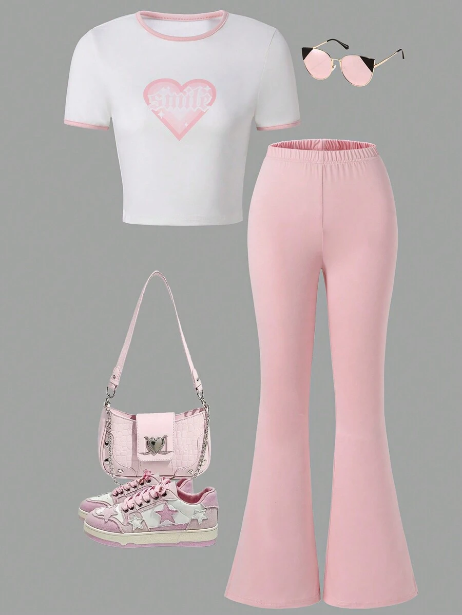 SHEIN Explorewe 2pcs/Set Tween Girls Round Neck Short Sleeve Heart Print Minimalist Top And Long Pants Set - Multicolor - View 1