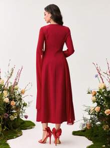 Modelyn Women's Pleated Mismatch Sleeve Dress Fall Cloth For Women - Red - View 2