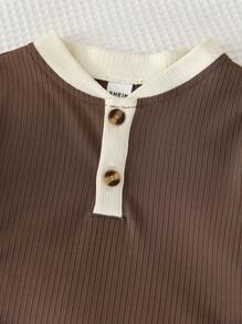 Baby Boy Simple Contrast Placket Long Sleeve Top And Pants Comfy Ribbed Knit Loungewear Set, 2pcs