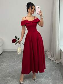 Modelyn 女士优雅编织红色收腰露肩 A 字连衣裙 - 紅色 - 查看 6