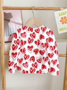 SHEIN Leap Crew Cute Hand-Painted Pink & Red Heart Pattern, Baby Girl Casual Loose Round Neck Soft Knitted Pullover Sweatshirt - Multicolor - View 2