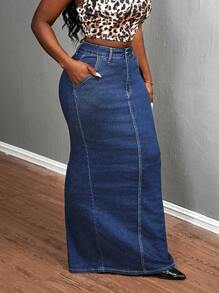 SHEIN Slayr 女式口袋长款修身休闲牛仔半身裙 - 深色水洗藍 - 查看 4