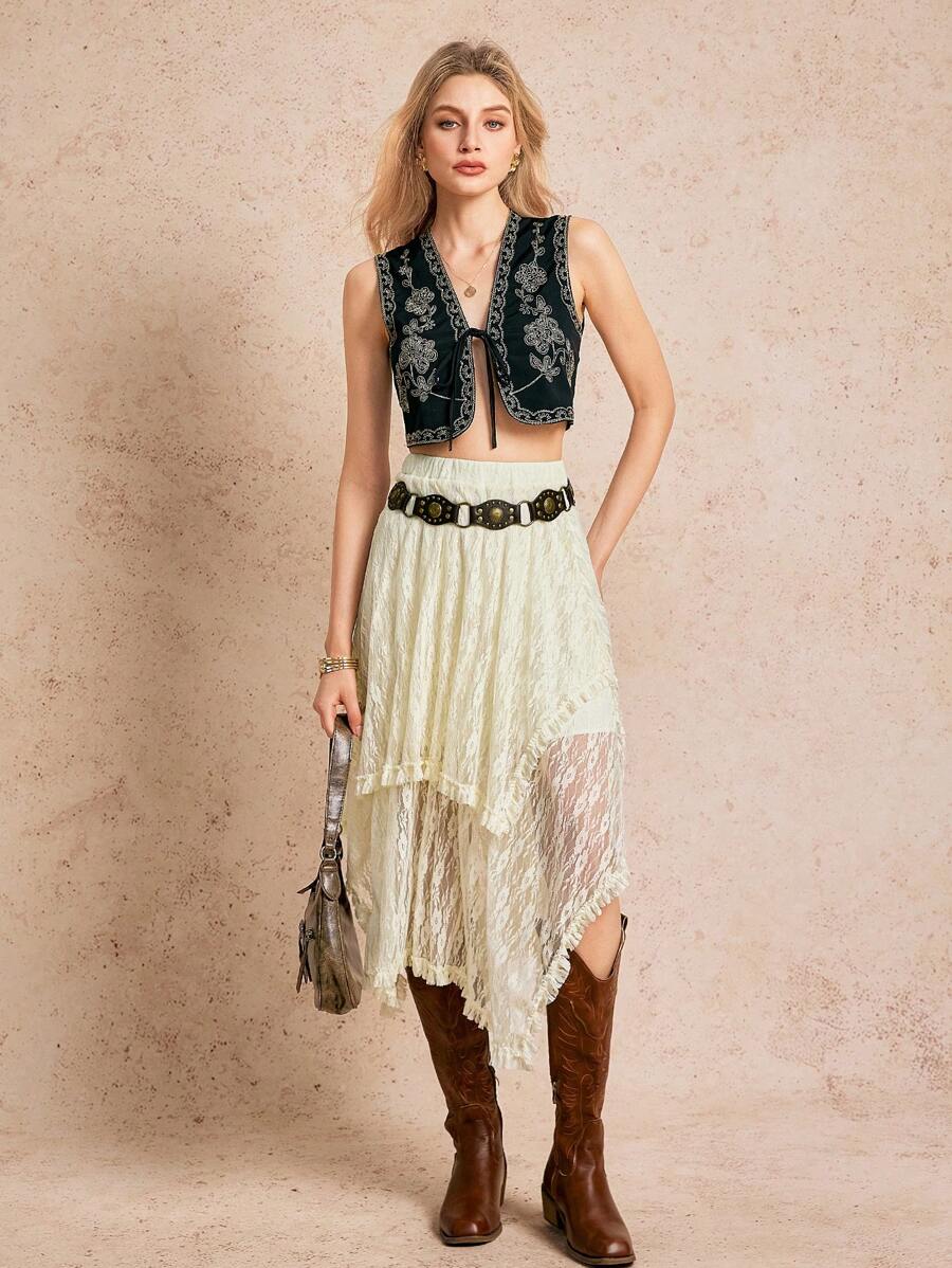 Poéselle 波西米亚风格杏色不对称下摆女裙，夏季度假裙，超长度假海滩裙，波西米亚风，西部风，纳什维尔音乐会服装 - 杏色 - 查看 1