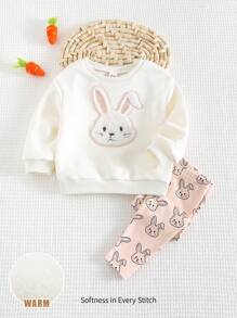 Cozy Pixies 女宝宝卡通兔子图案针织柔软圆领长袖落肩运动衫和长裤 2 件套