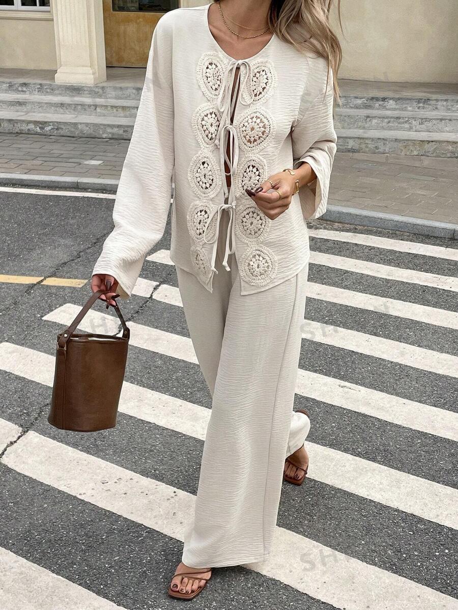 Serisse Set de 2 piezas con camisa de manga larga con lazo frontal de encaje y pantalones, conjunto de 2 piezas de unicolor de encaje francés con lazo frontal de manga larga, casual, para uso diario, conjuntos de verano, primavera y otoño, y conjuntos de vacaciones de lino