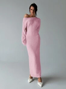 Aloruh 女士秋冬露肩宽松长款毛衣连衣裙 - 淺粉色 - 查看 3