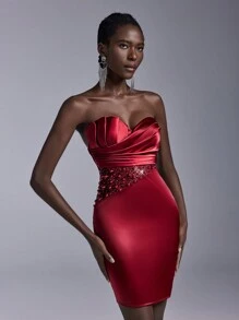 Elitara Elegant Angora Red Tube Novel Special-Shaped Shell Breast Shape, Pleated Waist And Luxurious Sequins Computer Beading, See-Through Tight-Fitting Buttocks, Wedding Guest Dress, Suitable For Dating, Vacation, Bachelor Party, Wedding, Valentine's Day Event Cocktail Dress