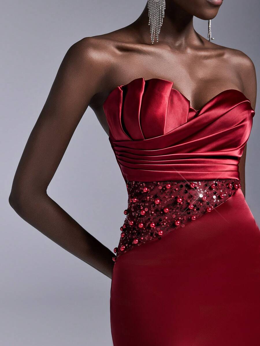 Elitara Elegant Angora Red Tube Novel Special-Shaped Shell Breast Shape, Pleated Waist And Luxurious Sequins Computer Beading, See-Through Tight-Fitting Buttocks, Wedding Guest Dress, Suitable For Dating, Vacation, Bachelor Party, Wedding, Valentine's Day Event Cocktail Dress