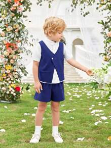 2 Pieces Young Boys Casual Sport Academy With Asymmetric Vest Jacket Suit And Collar Basic Shirt And Suit Shorts, Buy Suit Set With Basic Shirt High Cost-Effective Multi-Piece Suit Set Kids Outfits Young Boy Clothes Back To School Boys Set Suitable For Birthday Party, Party, Performance, Wedding, Baptism, School Opening Ceremony Suitable For Daily Suitable For School Suitable For Travel Suitable For Spring And Summer Season
