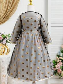 SHEIN 年轻女孩斋月长袍 Kaftan Jalabiya 束腰外衣，国庆节朴素服装，奢华优雅时尚黑色网眼金色饰边长袍 + 长款白色金属波尔卡圆点连衣裙 2 件套 - 彩色 - 查看 2