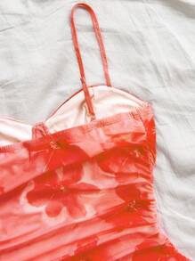 Soleia Women's Vacation Rose Pink Mesh Printed Ruched Camisole Mini Dress, Can Be Worn Internally Or Externally, Autumn Clothing - Coral Orange - View 4