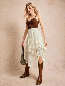 Poéselle 波西米亚风格杏色不对称下摆女裙，夏季度假裙，超长度假海滩裙，波西米亚风，西部风，纳什维尔音乐会服装 - 杏色 - 查看 3